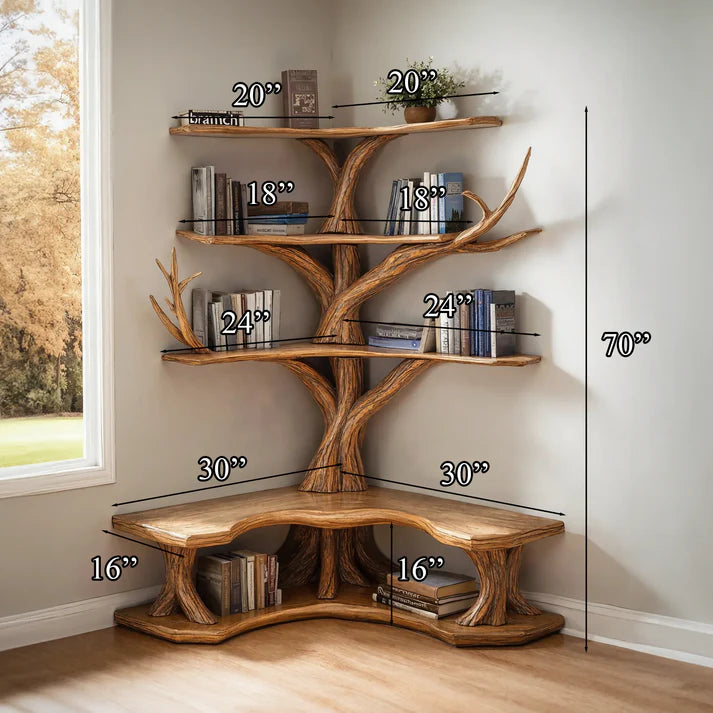 Tree Bookshelf With Corner Bench L-shaped Bench Driftwood Branch