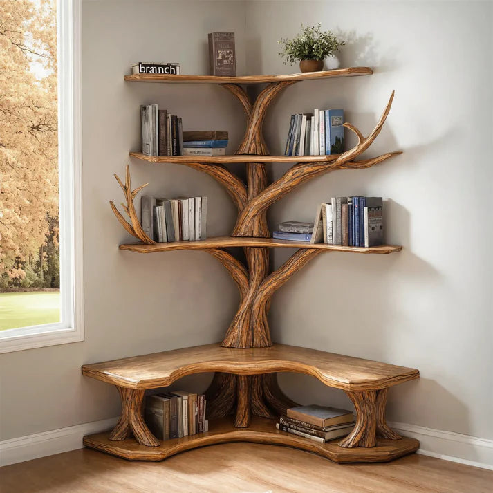 Tree Bookshelf With Corner Bench L-shaped Bench Driftwood Branch