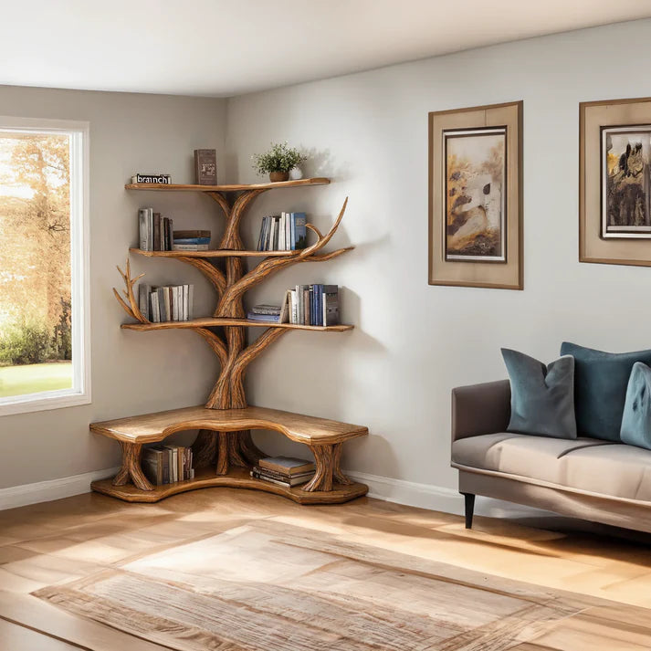 Tree Bookshelf With Corner Bench L-shaped Bench Driftwood Branch